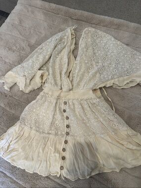 Lace Crochet Cream Mini Dress with Button-Front Waist